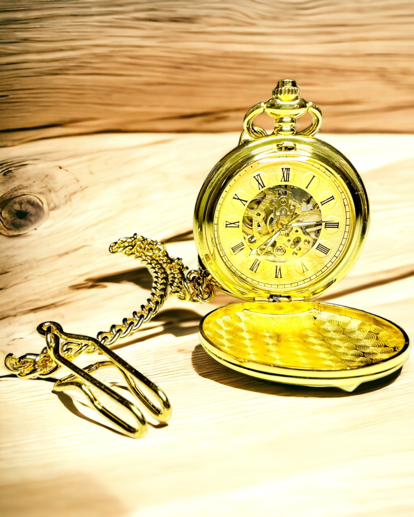 Klassische Mechanische Taschenuhr mit Doppeldeckel, Handaufzug, Farbe Gold, mit Gravur