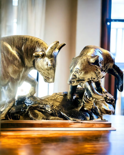 Skulptur "Zwei Rivalen" - Stier und Bär - Symbolik des Finanzmarktes, Möglichkeit der Gravur - Farbe Kupfer