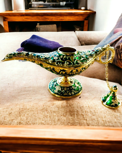 Magische Lampe von Aladdin mit Gravuroption - Variante Dunkelgrün, durchzogen mit Gold