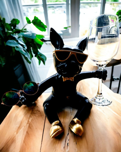 Exklusive Figur "Stylischer Bulldog", Farbe schwarz, Ständer für Weinglas oder Champagnerglas, Personalisierung durch Gravur