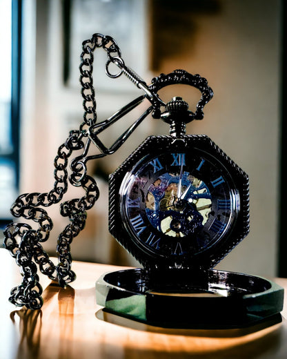 Klassische Achtkantige Mechanische Steampunk Taschenuhr in Schwarz, Gravur